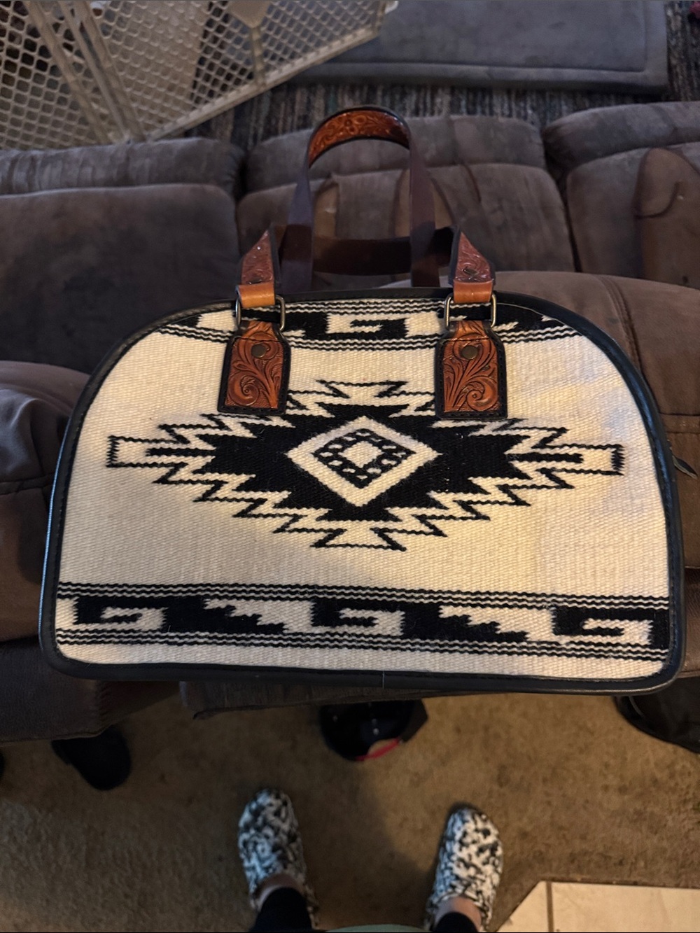 American Darling Black and Cream Woven Aztec Satchel with Tooled Leather Handles